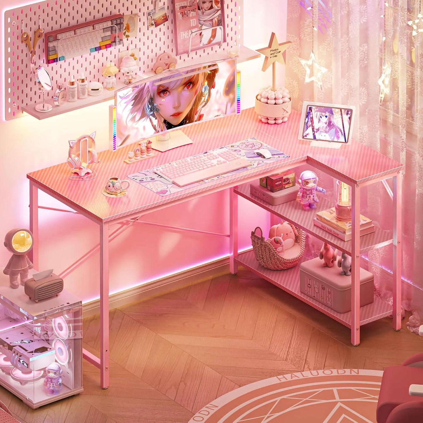 L-Shaped 47-Inch Computer Desk with Reversible Storage Shelves, Corner Gaming and Writing Desk for Home Office, Metal Frame, Pink