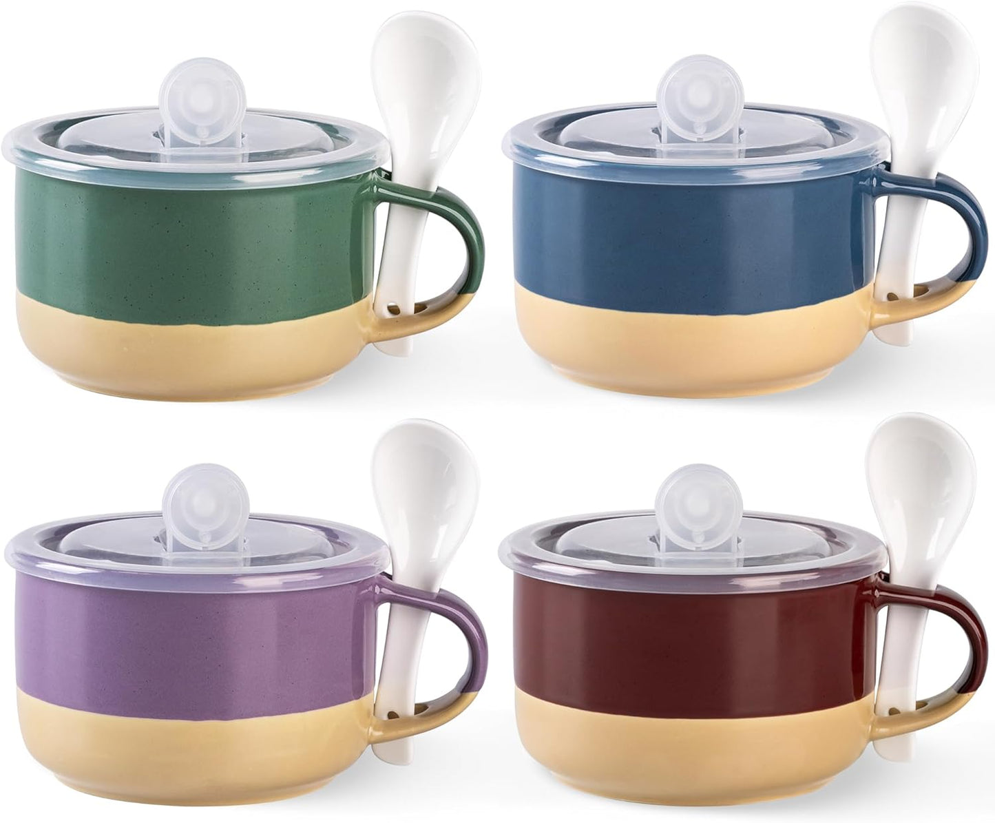 Professional Ceramic Soup Mugs Set of 4 with Handles and Lids, 24 OZ Capacity, Terracotta Underside, Includes Spoons for Soup, Cereal, Salad, Noodles, Ramen, Microwave and Dishwasher Safe, Multicolor