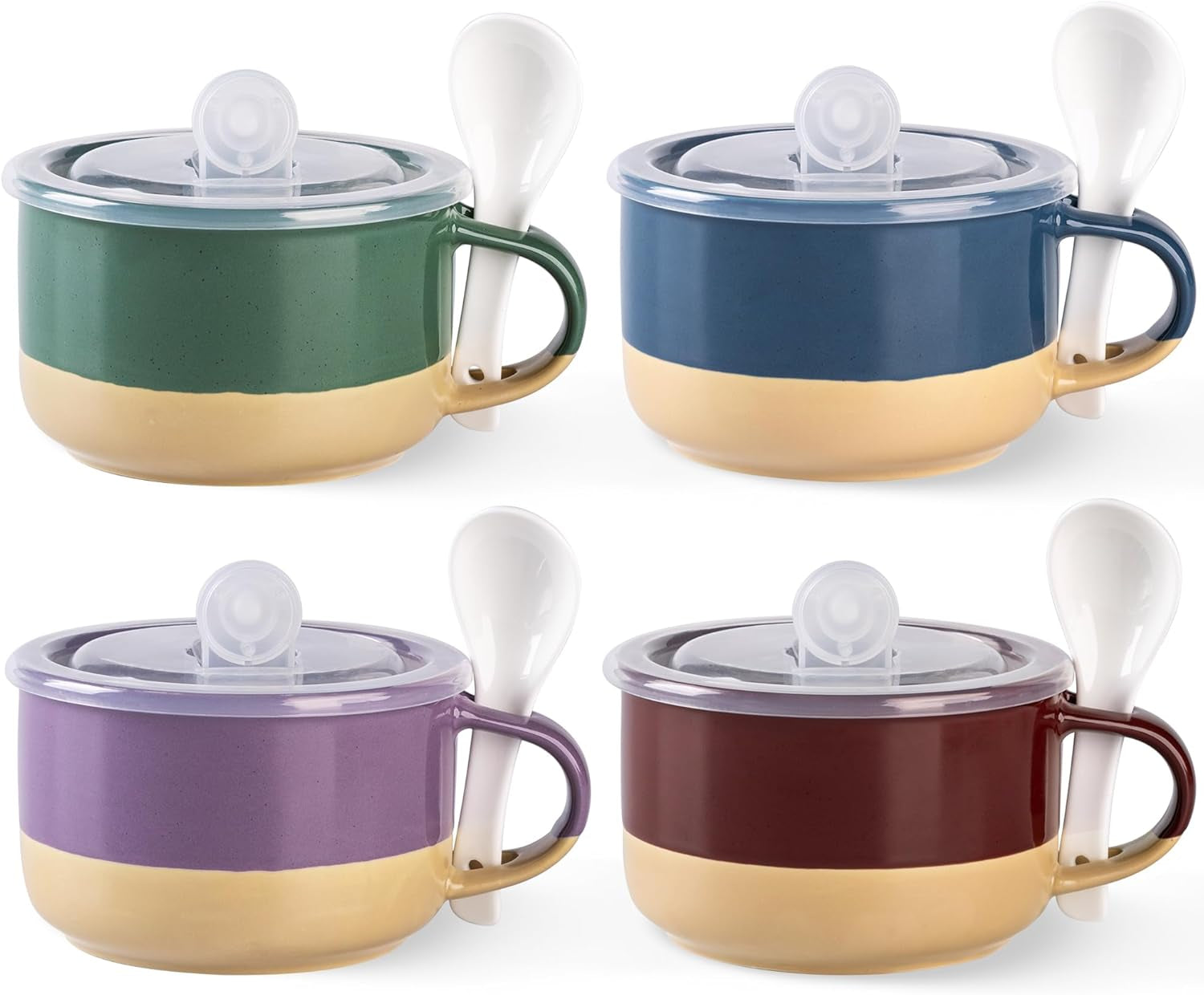 Professional Ceramic Soup Mugs Set of 4 with Handles and Lids, 24 OZ Capacity, Terracotta Underside, Includes Spoons for Soup, Cereal, Salad, Noodles, Ramen, Microwave and Dishwasher Safe, Multicolor