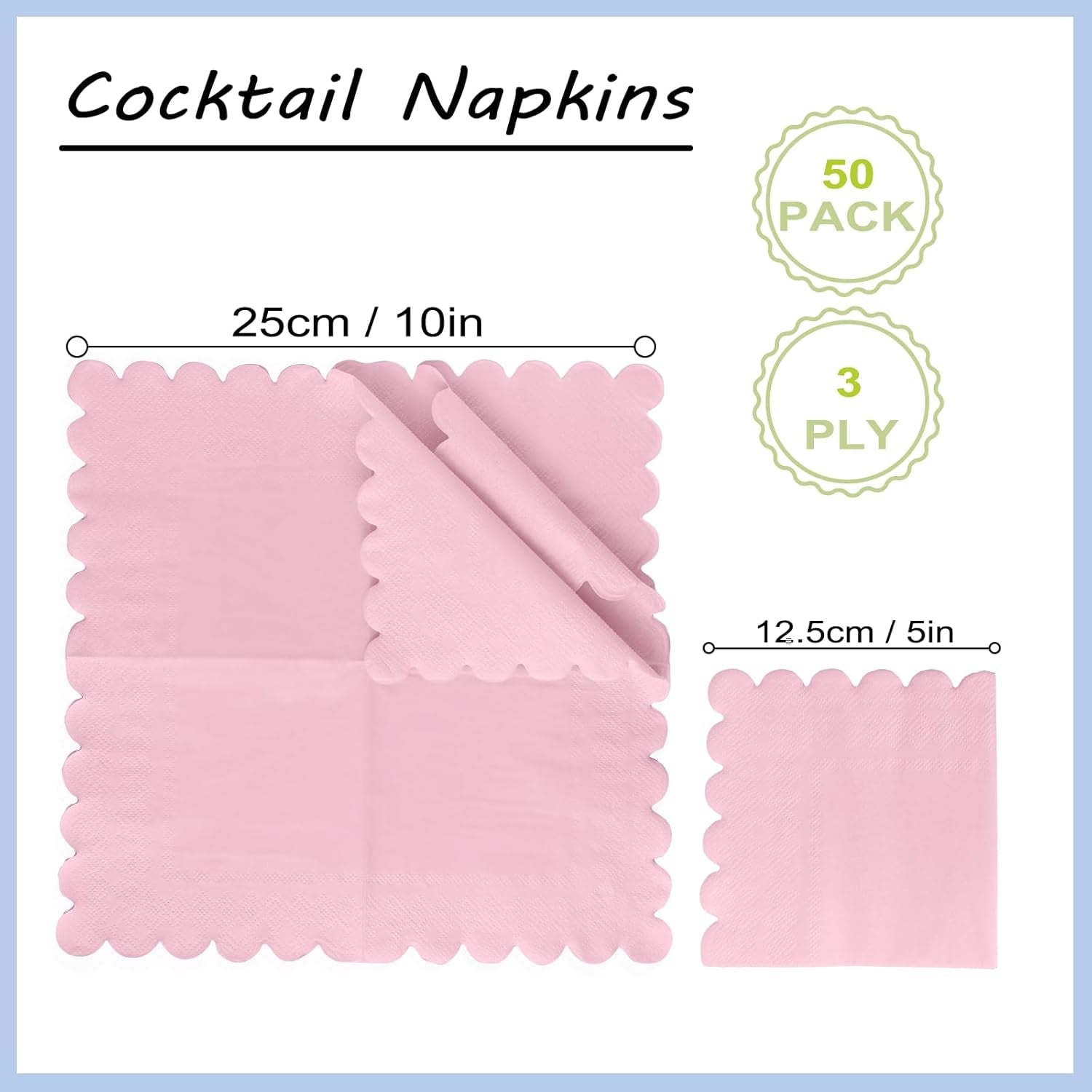 100 Pcs 2-Ply Pink Scalloped Sage Cocktail Napkins Thick Paper Napkins Disposable Party Napkins Beverage Napkins for Birthday, Wedding,Anniversary Party, Baby Shower 5 X 5 Inches (Light Pink)