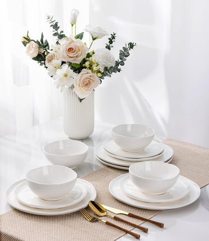 Ceramic Dinnerware Set for Four - 12-Piece Porcelain Dish Set, Lightweight and Scratch-Resistant, Oven, Microwave, and Dishwasher Safe in Angel White