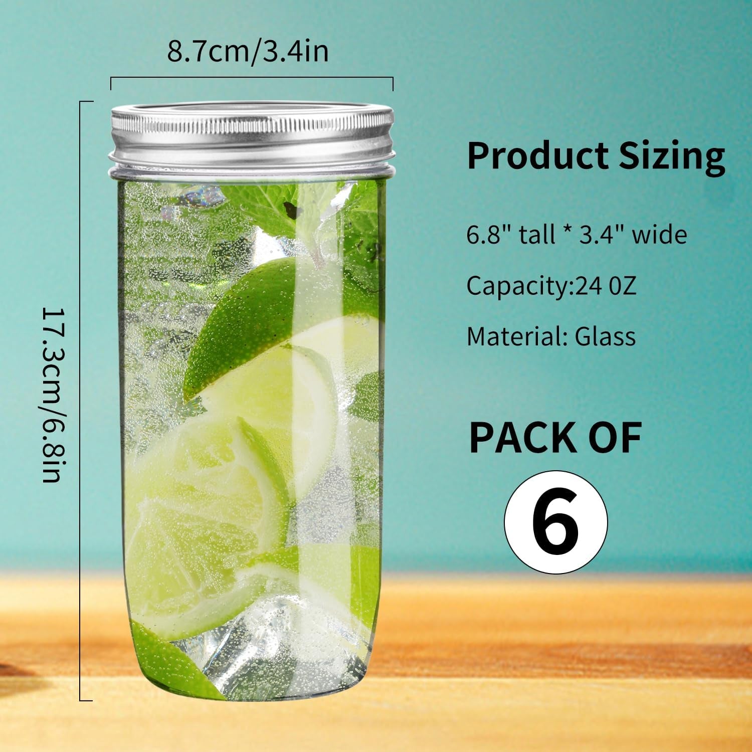 24 Oz Mason Jars,6 Pack Wide Mouth Mason Jars 24Oz with Lids,Tall Mason Jars for Canning,Preserving,Fermenting,Pickling