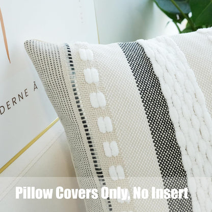 Pack of 2 Boho Throw Pillow Covers Accent Striped Pillowcovers Farmhouse Decorative Cushion Case Home Decor 18 X 18 Inch White