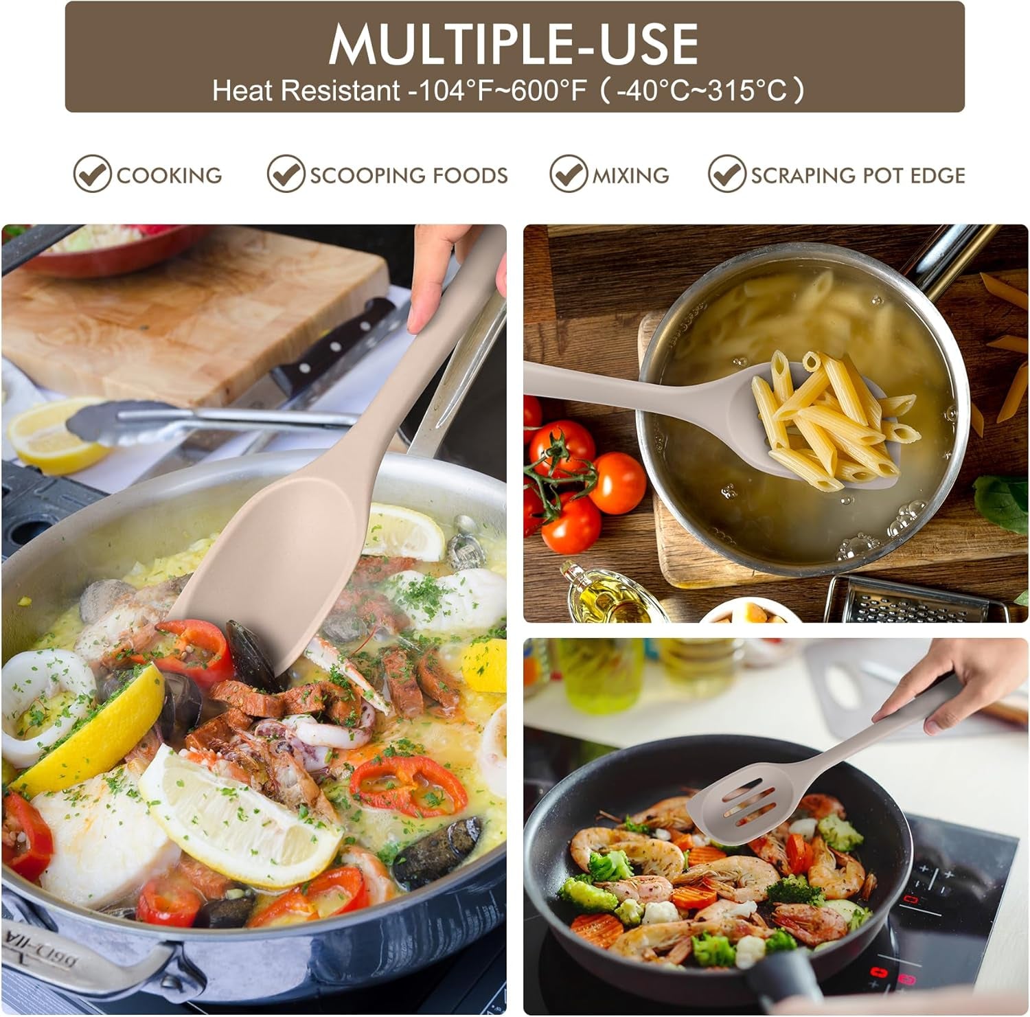 Heat Resistant Silicone Cooking Spoon Spatula, Large Kitchen Solid and Slotted Spoons for Mixing, Serving, Scraping, Non-Stick, Dishwasher Safe Khaki 12.5Inch