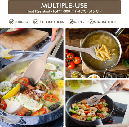 Heat Resistant Silicone Cooking Spoon Spatula, Large Kitchen Solid and Slotted Spoons for Mixing, Serving, Scraping, Non-Stick, Dishwasher Safe Khaki 12.5Inch