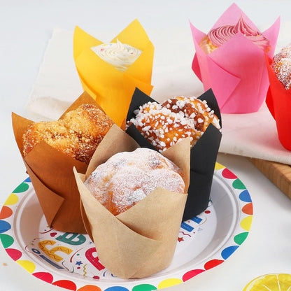 Standard Tulip Cupcake Liners - 120 Count Greaseproof Muffin Baking Cups for Weddings, Birthdays, Baby Showers, Festivals, and Christmas (Natural/White/Brown)