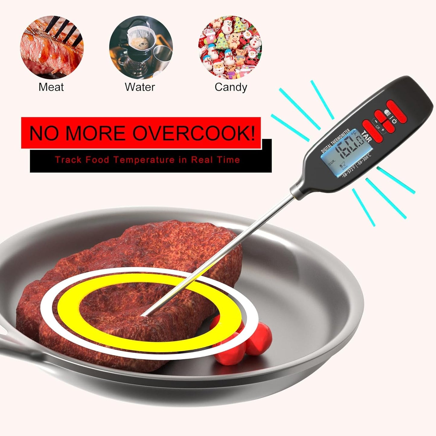 Meat Thermometer Digital, Smart Instant Read Food Thermometer with Super Long Probe for Cooking Grilling Baking Kitchen Candy BBQ Oil Liquid, Backlit Display, Battery Included
