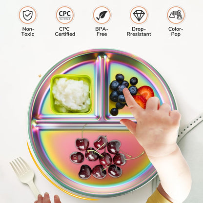 Stainless Steel Kids Plates Set of 2, 9" Portion Divided Plate for Toddler & Baby, Non Toxic Unbreakable Dinner Dishes, Metal Food Tray Camping Picnic Snack Nut Container, Bling Colorful