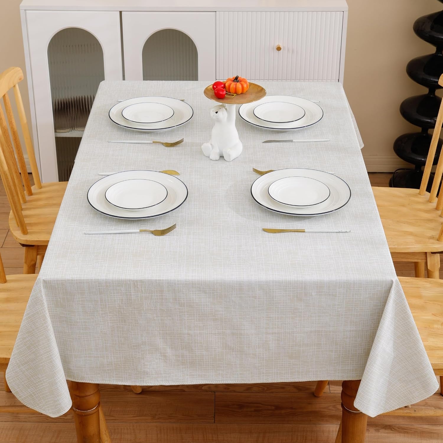 Heavy Duty Vinyl Tablecloth with Flannel Backing Waterproof Oil-Proof Plastic Table Cloth Stain-Resistant Wipeable Rectangle or Square Table Cover for Indoor and Outdoor (Beige Striped,54X54 Inch)