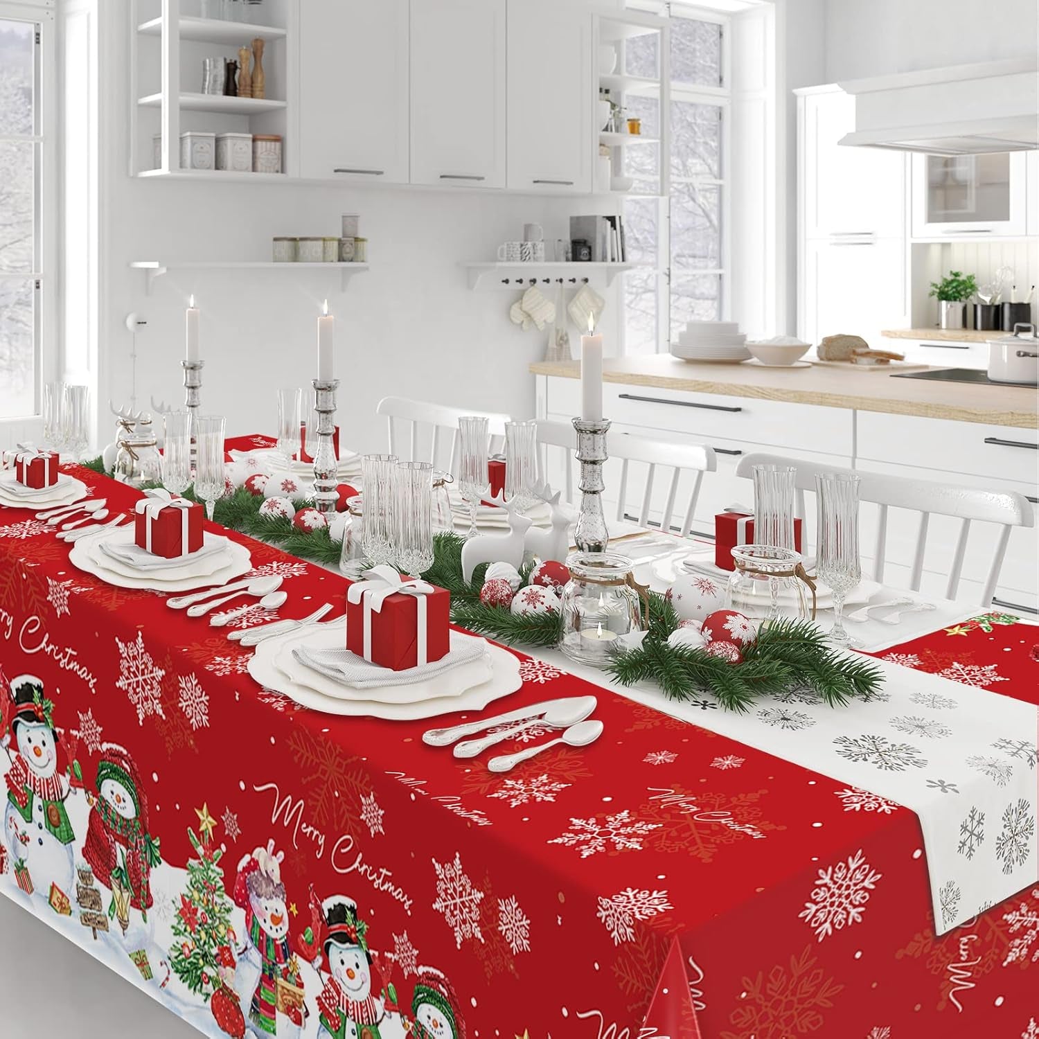 1Pcs Christmas Snowman Tablecloth,Plastic Christmas Snowman Snowflake Winter Table Cover with Xmas Tree for Winter Holiday Themed Party Decorations and Supplies,54X 108Inch（Red）