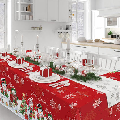 1Pcs Christmas Snowman Tablecloth,Plastic Christmas Snowman Snowflake Winter Table Cover with Xmas Tree for Winter Holiday Themed Party Decorations and Supplies,54X 108Inch（Red）