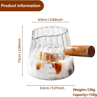 6 Oz/180Ml Glass Measuring Cup with Wooden Handle – Espresso Shot Cups, Ribbed Milk Frothing Pitcher, Dual Scale Markings, V-Shaped Mouth for Easy Pouring