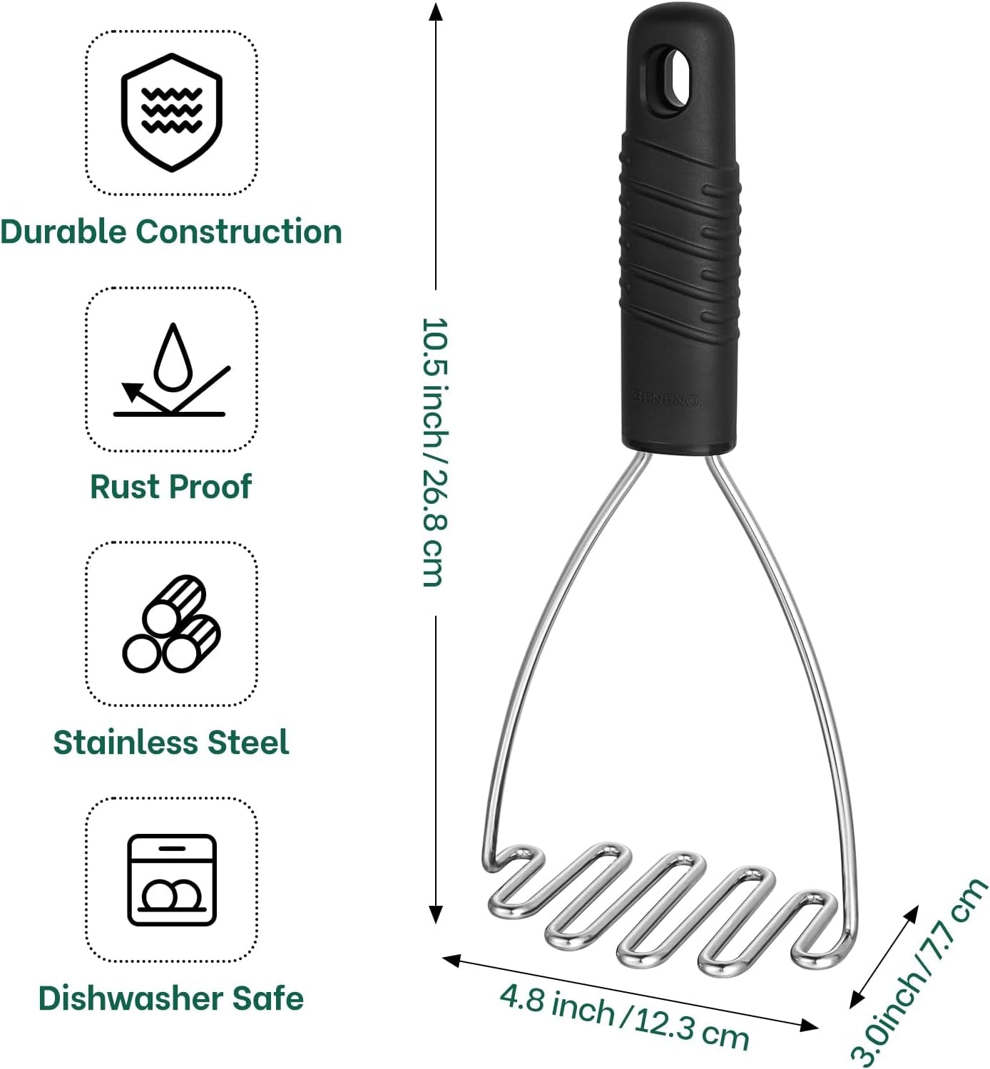 Stainless Steel Wire Potato Masher, Heavy Duty Sturdy Easy Grip Masher Kitchen Tools with Non-Slip Soft Rubber Handle, Effortless Mashing Tool for Potatoes, Avocados, Dishwasher Safe, Rustproof