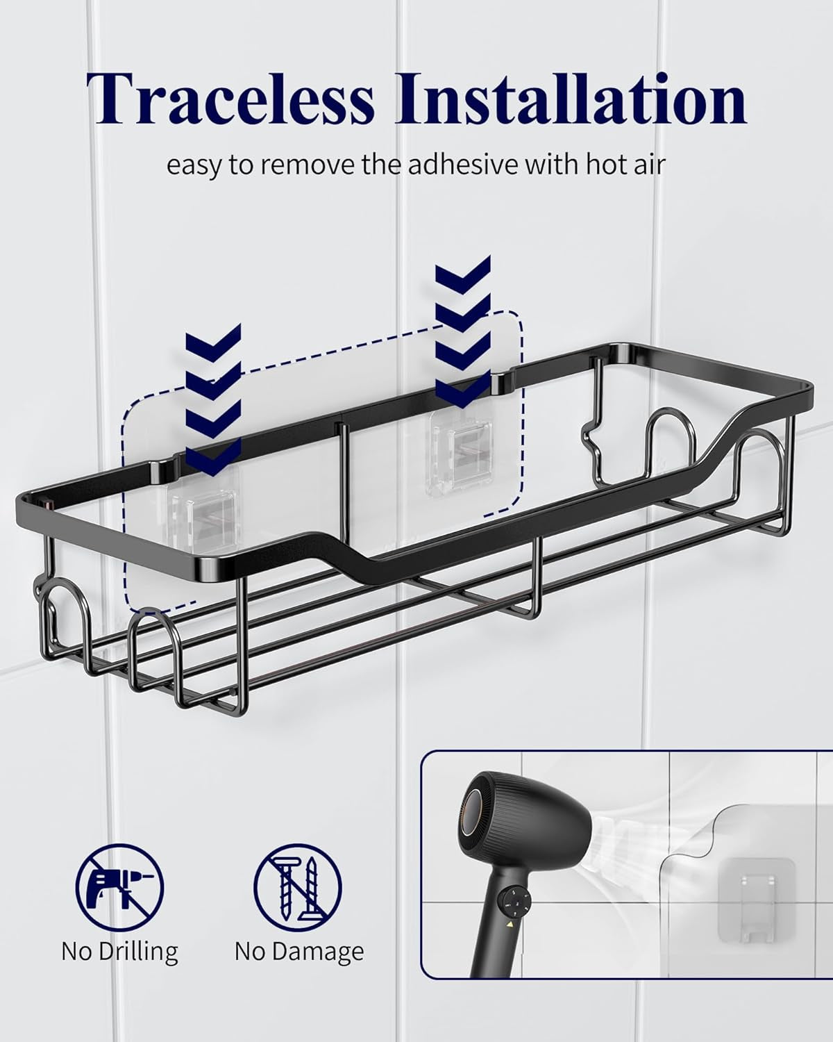 Shower Caddy Large - Adhesive Shower Organizer, Stainless Steel Shelf for inside Shower, No Drill Bathroom Organizers and Storage, Home Decor Accessories, 2 Pack, Black