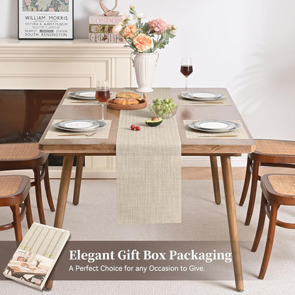 Beige Table Runner and Placemats Set of 5, Heat Resistant Non-Slip Place Mats for Dining Table, Washable Durable PVC Vinyl Woven Table Runner Set
