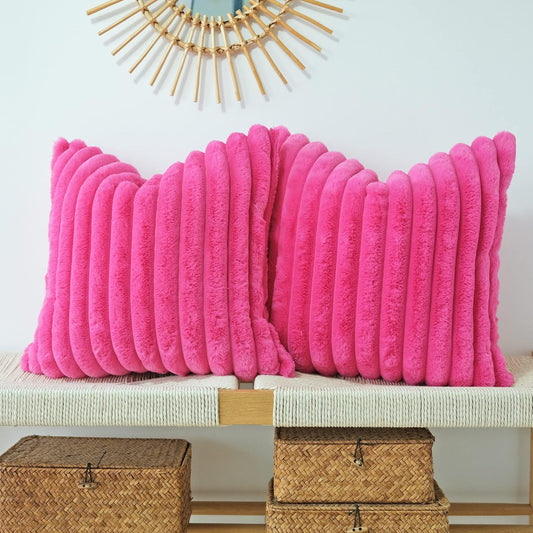 Pack of 2 Faux Fur Plush Decorative Throw Pillow Covers Couch Cushion Case Soft Pillowcases (Hot Pink, 20 X 20-Inch)