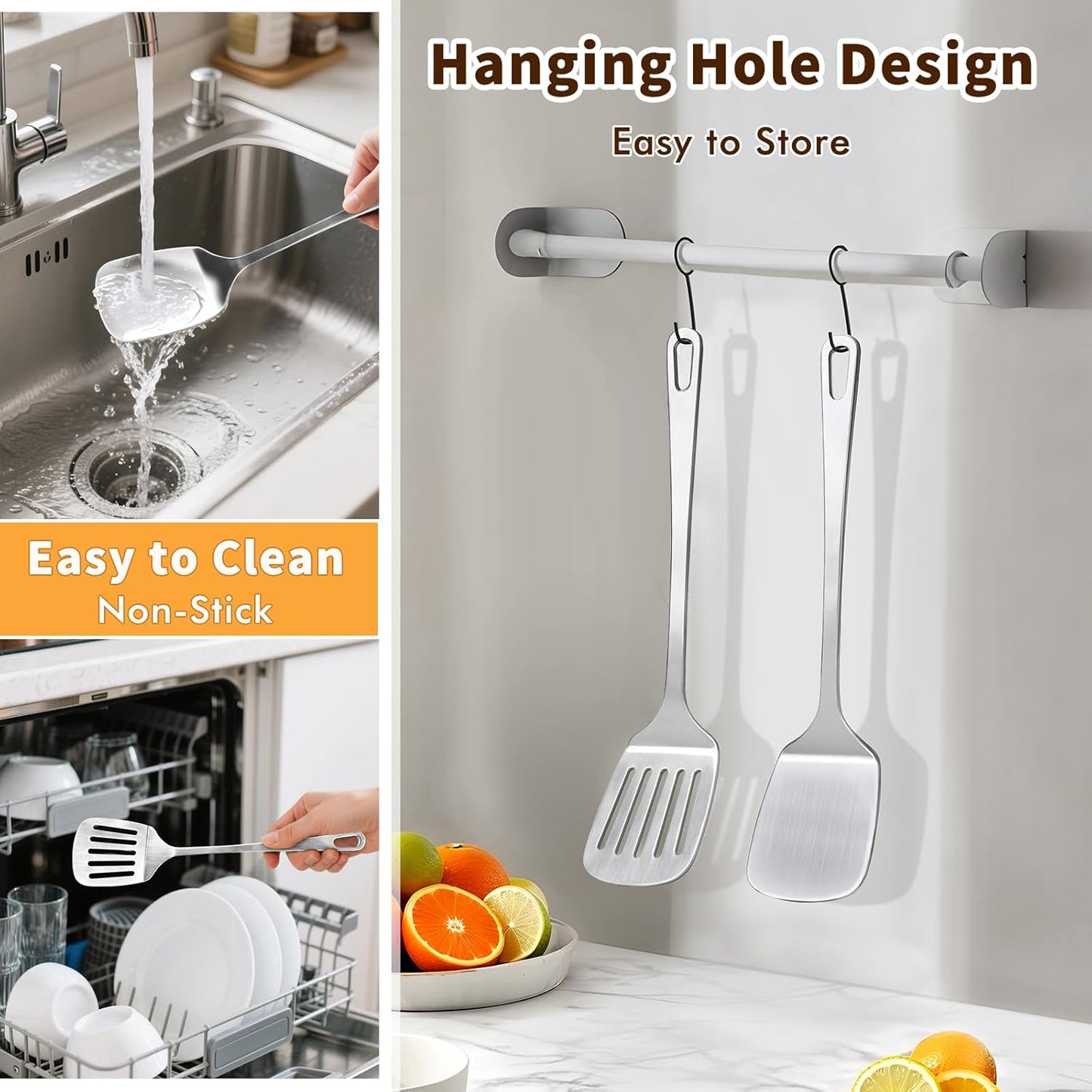 2 Pcs Stainless Steel Spatulas Set, Metal Spatula Solid & Slotted Turner, Heavy Duty Sturdy Spatula for Kitchen Use, High Heat Resistant Cooking Utensils for Fish Eggs Pancakes, Easy to Clean, Silver