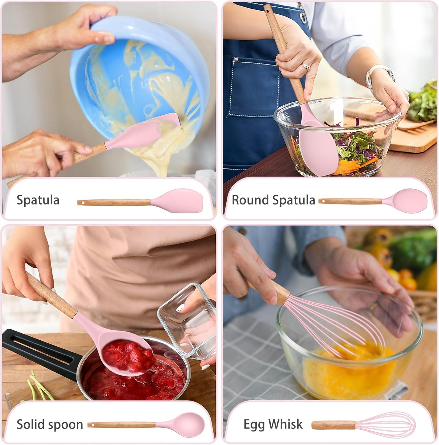 Silicone Cooking Utensils Set, 8-Piece Kitchen Cooking Utensil with Wooden Handle, Silicone Spatula for Nonstick Cookware, Heat-Proof & Easy Clean, Pink