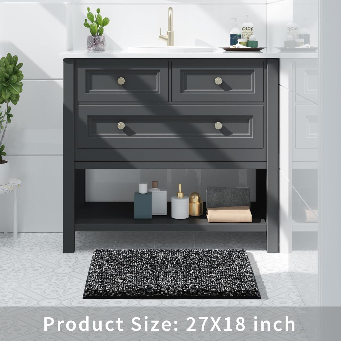 Bath Mats for Bathroom Non Slip, 28X17.5, Extra Soft Chenille Bathroom Rugs, Fluffy Plush Luxury Shower Mat Outside, Water Absorbent, Machine Washable, Black & Dark Gray