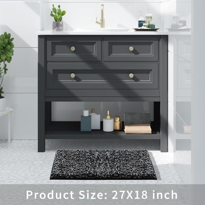 Bath Mats for Bathroom Non Slip, 28X17.5, Extra Soft Chenille Bathroom Rugs, Fluffy Plush Luxury Shower Mat Outside, Water Absorbent, Machine Washable, Black & Dark Gray