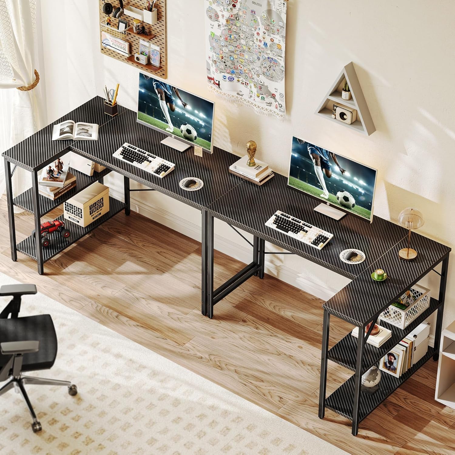 L-Shaped 47-Inch Gaming and Home Office Desk with Reversible Storage Shelves and Metal Frame in Carbon Fiber Black