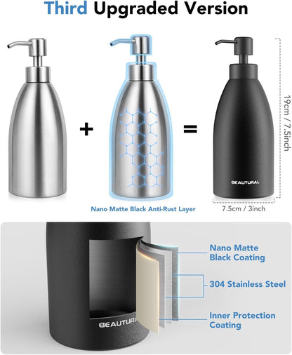 Matte Black Stainless Steel Soap Dispenser 15.2 Oz, Rust-Proof Refillable Liquid Soap Pump Bottle for Kitchen, Bathroom and Countertop Hand Dish Lotion [2025 Upgraded]