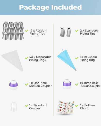 48Pcs Russian Piping Tips Set, Piping Bags and Tips Set with 12 Russian Tips, 2 Icing Tips, 30+1 Pastry Bags, 3 Couplers for Cake Decorating, Cupcake, Cookie, Baking