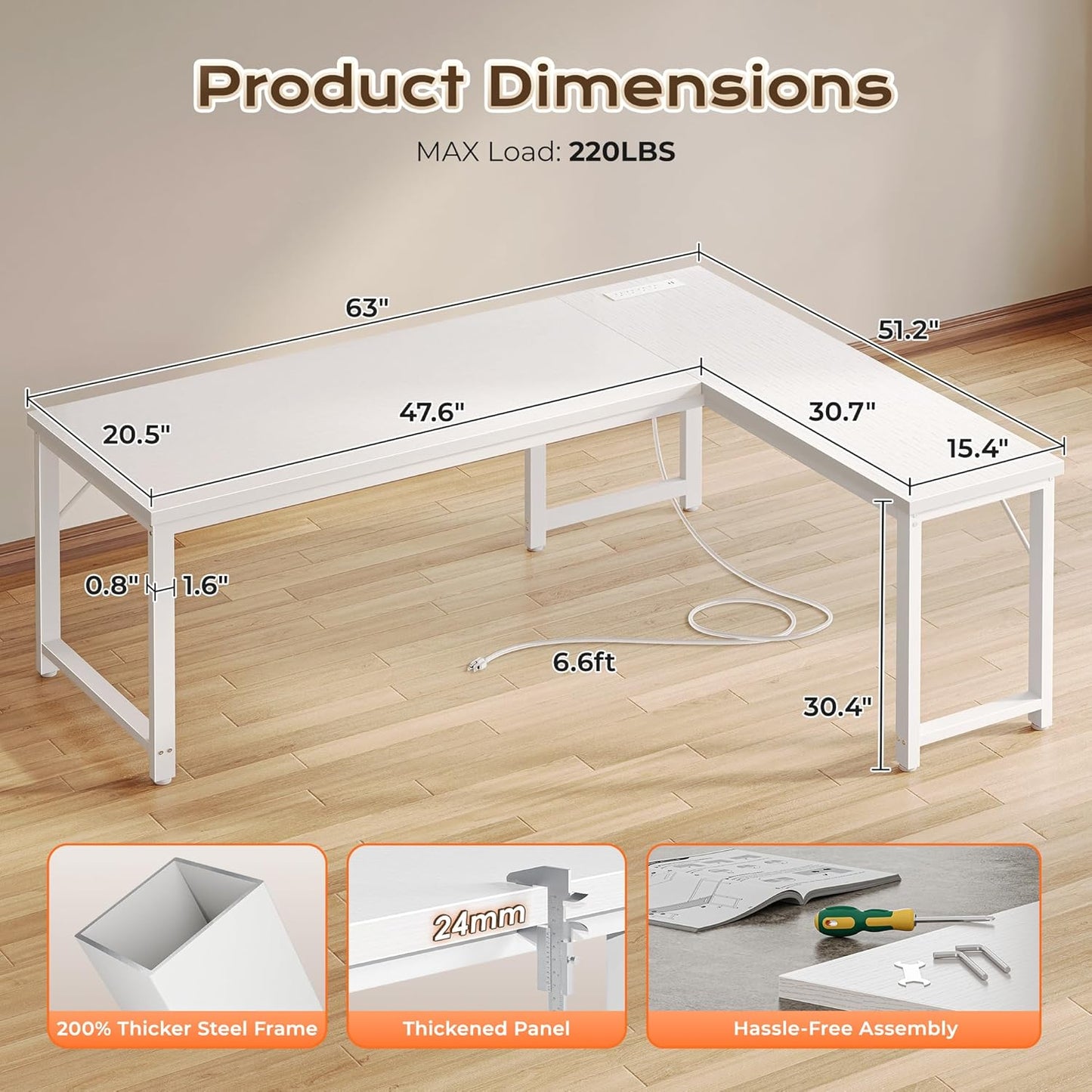 63-Inch L-Shaped Desk with Integrated Power Outlets and USB-C Port, Reversible Design, Spacious Corner Gaming and Office Desk, 0.95-Inch Thick Desktop, Sturdy Metal Frame, Ideal for Home Office and Study, White Finish