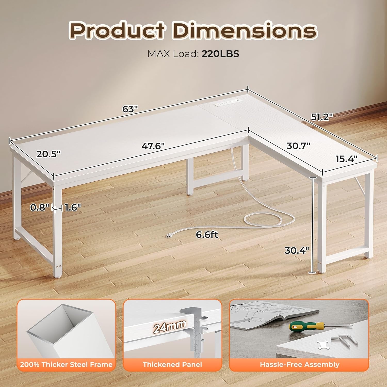 63-Inch L-Shaped Desk with Integrated Power Outlets and USB-C Port, Reversible Design, Spacious Corner Gaming and Office Desk, 0.95-Inch Thick Desktop, Sturdy Metal Frame, Ideal for Home Office and Study, White Finish