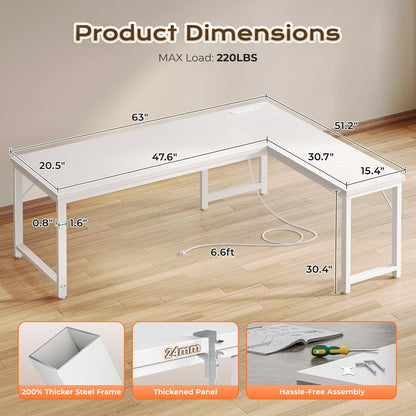 63-Inch L-Shaped Desk with Integrated Power Outlets and USB-C Port, Reversible Design, Spacious Corner Gaming and Office Desk, 0.95-Inch Thick Desktop, Sturdy Metal Frame, Ideal for Home Office and Study, White Finish