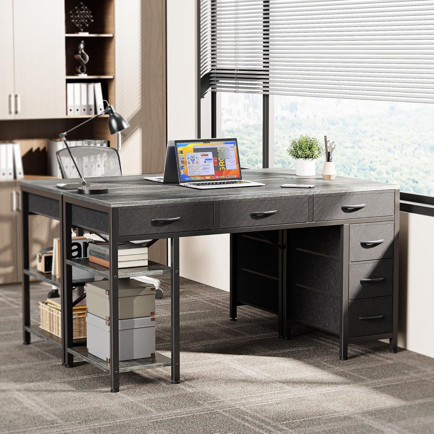 47-Inch Computer Desk with 6 Drawers and Shelves, Reversible Gaming and Corner Desk with Storage for Home Office and Living Room, Gray