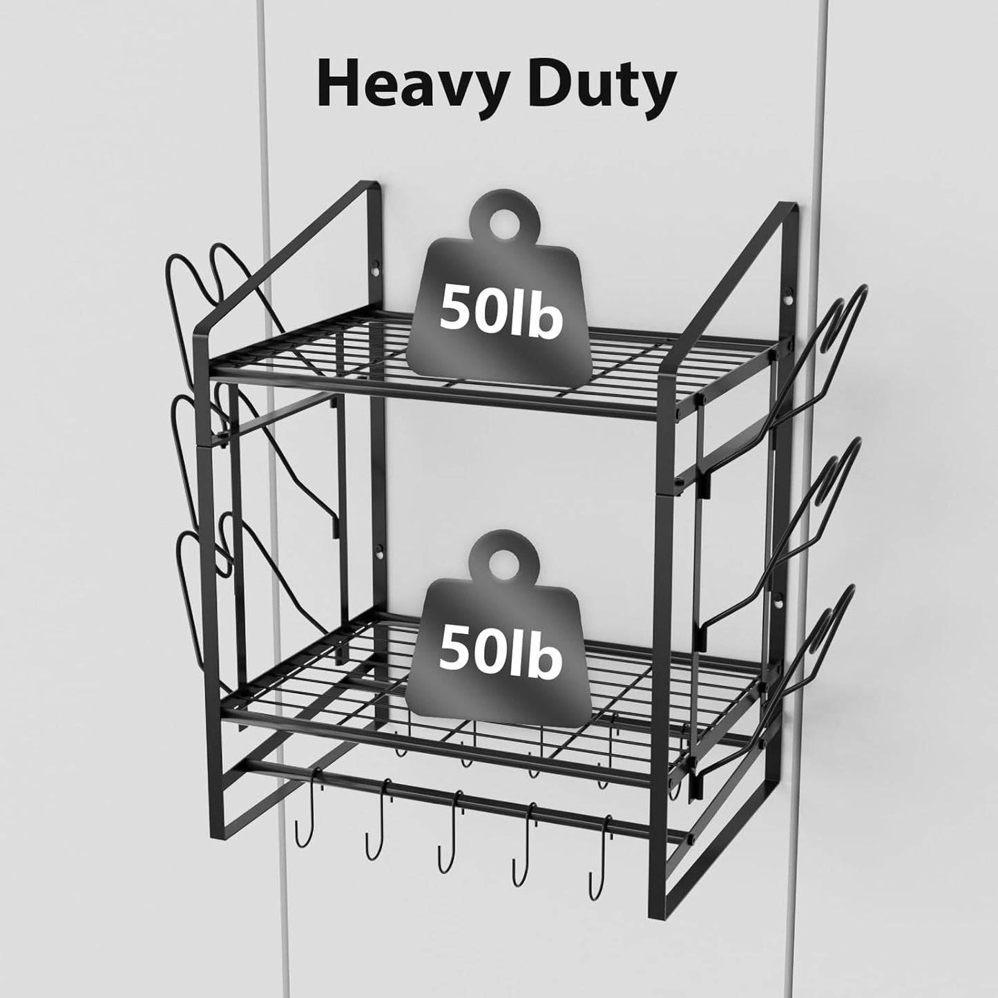 17 Inch Pot Rack Wall Mounted, 2 Tier Pots and Pans Organizer with 10 Hooks and 6 Pot Lid Holders, Heavy Duty Steel Pot and Pan Hanger for Kitchen Cookware Utensils Storage 24" Lx13 Wx20.5 H