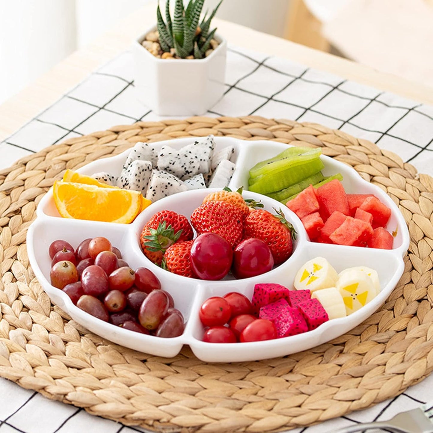 Set of 2Pcs 10 Inch Melamine Serving Tray with 5 Compartments, Divided Serving Platter for Appetizer, Snack, Veggie, Fruits (White)