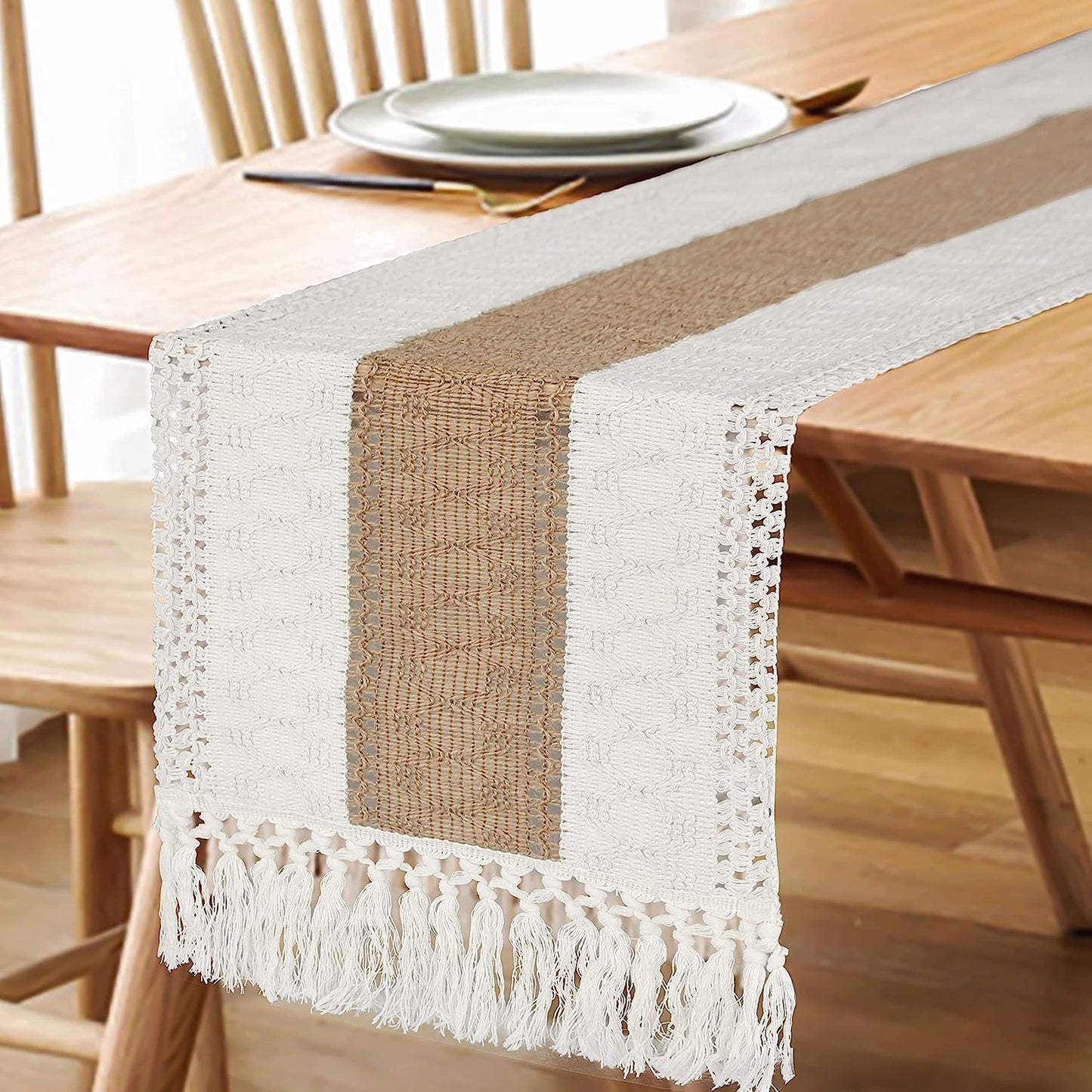 Boho Table Runner 48 Inches Long with Tassels Farmhouse Home Decor Rustic Cream & Brown Macrame Table Runner for Dining Bedroom Baby Bridal Shower Decor(12X48 Inches)