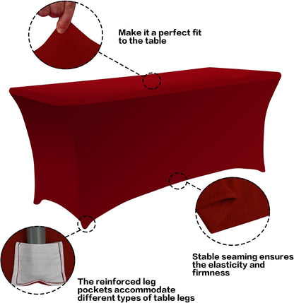 2 Pack 6FT Table Cloth for Rectangular Fitted Events Stretch Burgundy Table Covers Washable Spandex Tablecloth Protector for Party, Wedding, Cocktail, Banquet, Festival