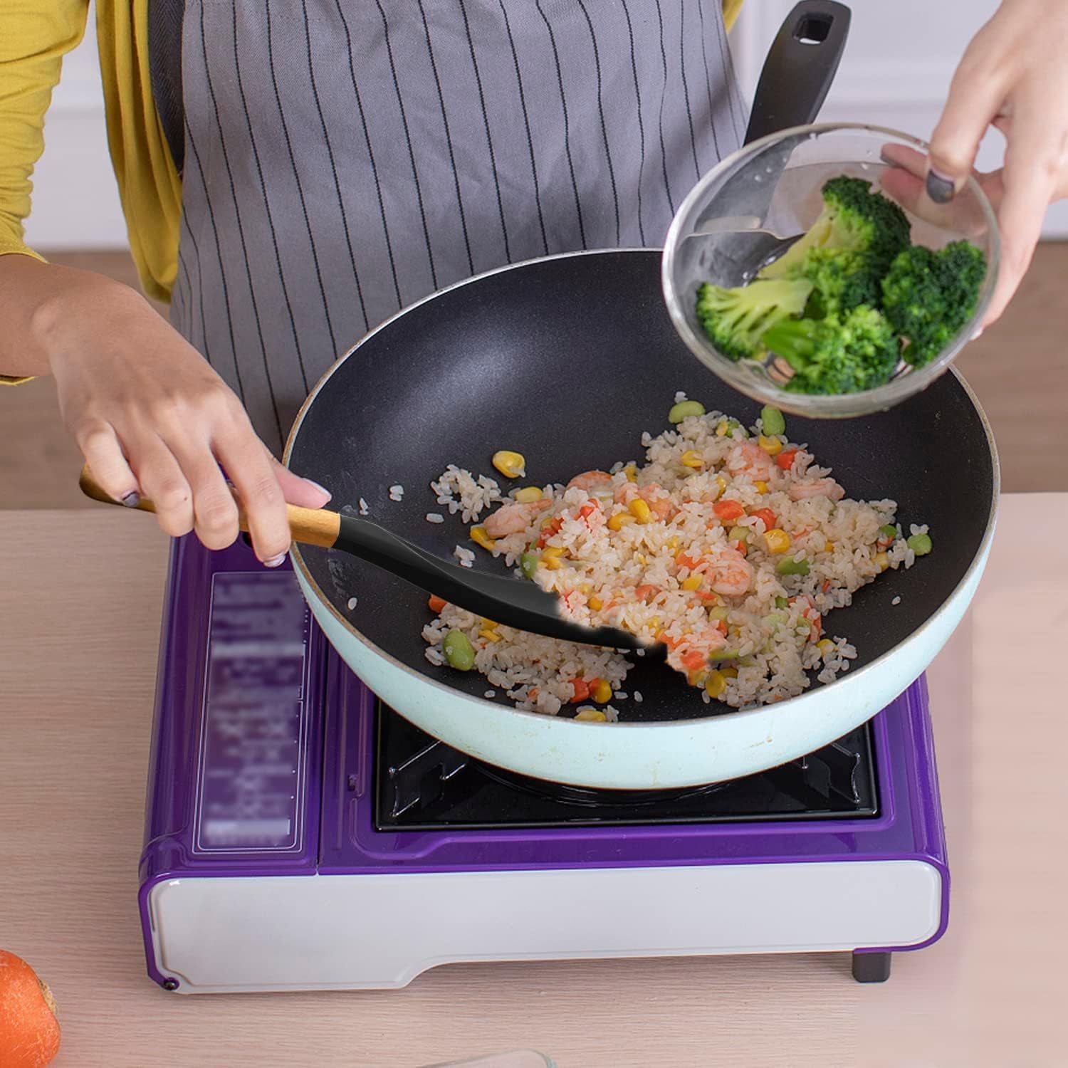 Cooking Spoon for Nonstick Cookwares,  Silicone Spoon for Mixing, Scoop, and Scrape, Black, 11.4''