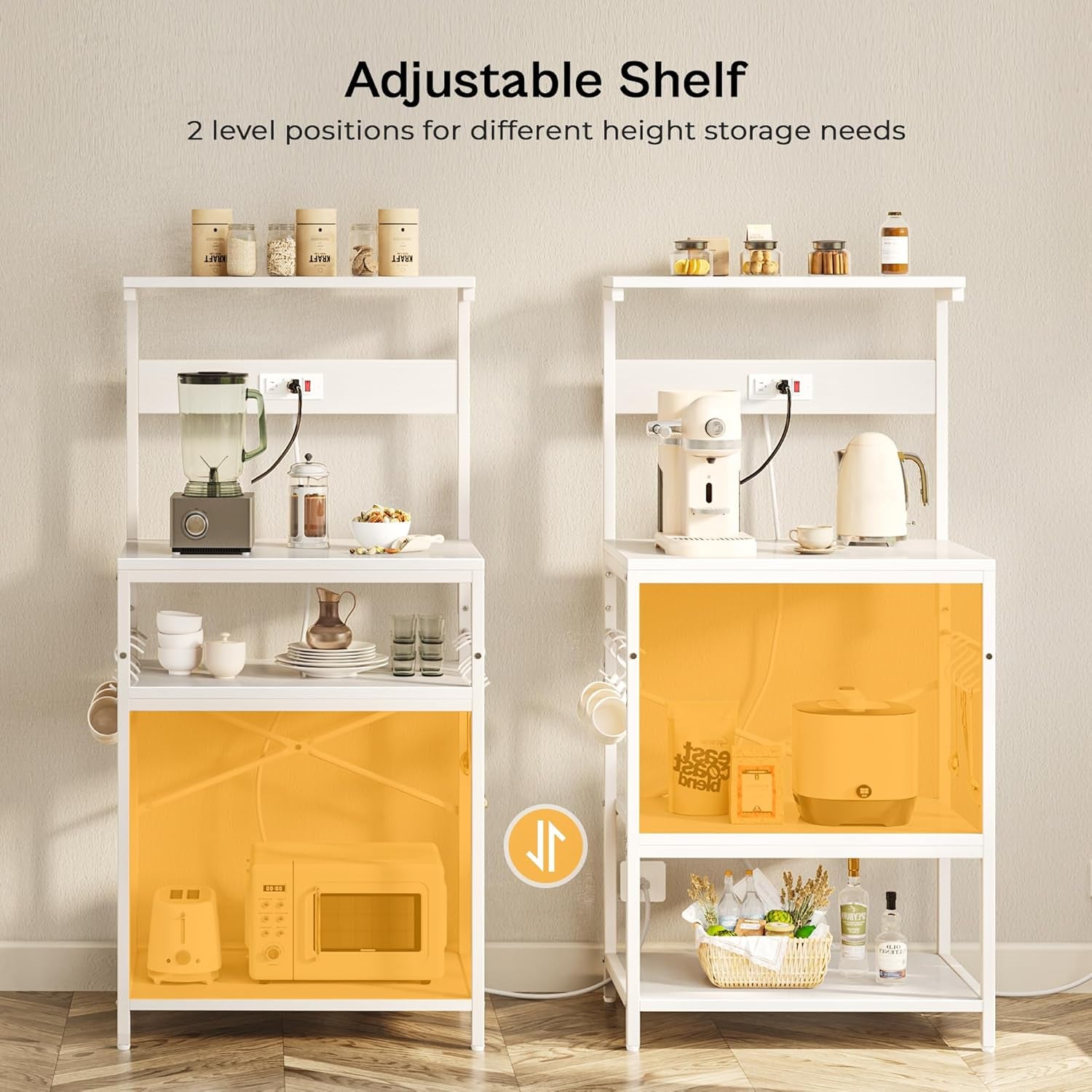 Professional Kitchen Bakers Rack with Power Outlet, 4-Tier Coffee Bar Table, Microwave Stand with 6 S-Shaped Hooks, Storage Shelf for Spices, Pots, and Pans - White