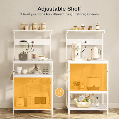 Professional Kitchen Bakers Rack with Power Outlet, 4-Tier Coffee Bar Table, Microwave Stand with 6 S-Shaped Hooks, Storage Shelf for Spices, Pots, and Pans - White