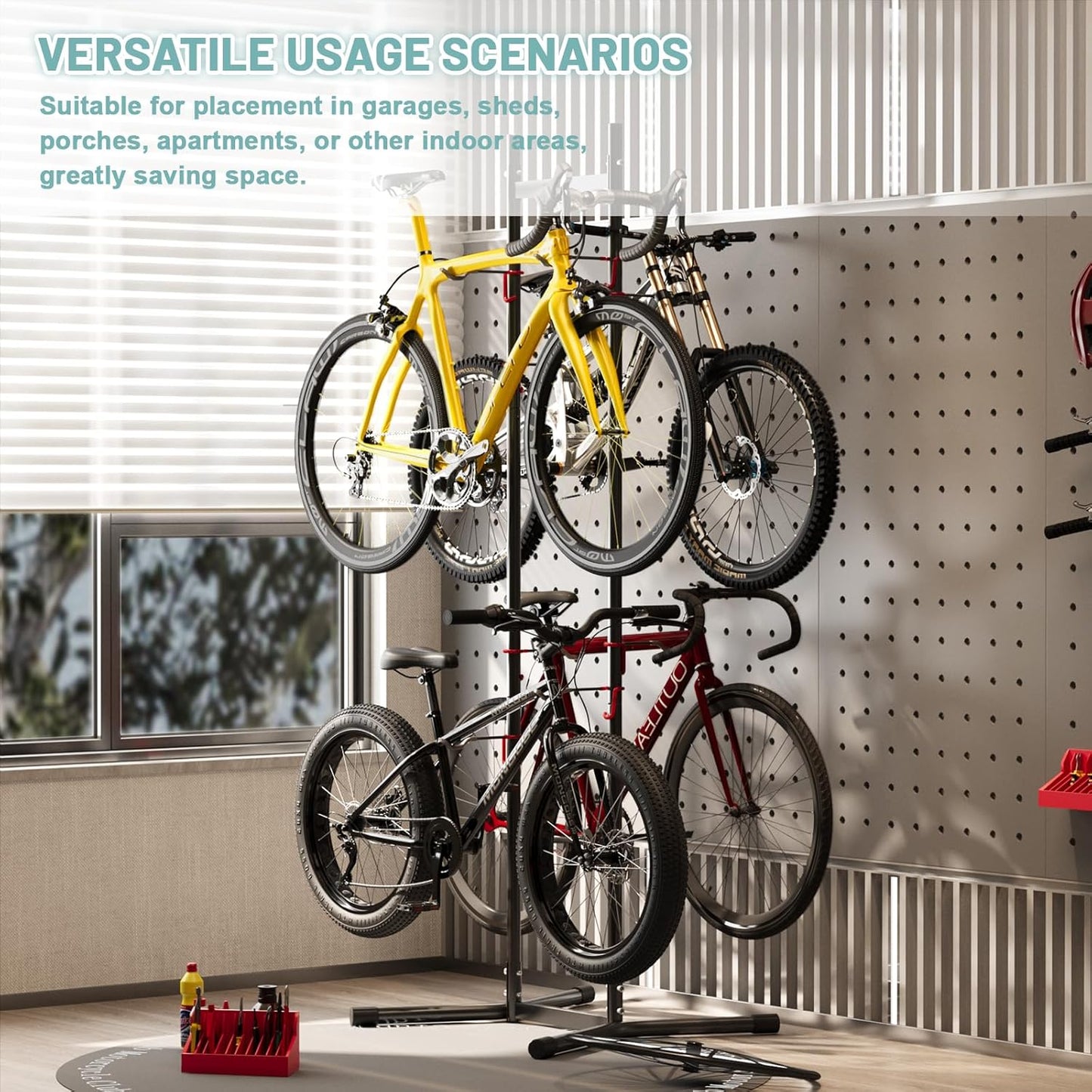 2-4 Bike Storage Rack Garage Max154Lbs, Freestanding Indoor Bike Rack with Adjustable Hooks, Vertical Bike Floor Stand for Road, Mountain and Hybrid Bike, Black