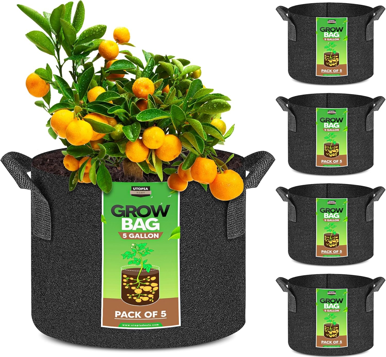 5 Pack 5 Gallon Grow Bags, 300G Thickened Nonwoven Plant Fabric Pots for Outdoor, Grow Pots, Garden Plant Bags, Aeration Fabric Planters for Fruits, Vegetables and Flowers