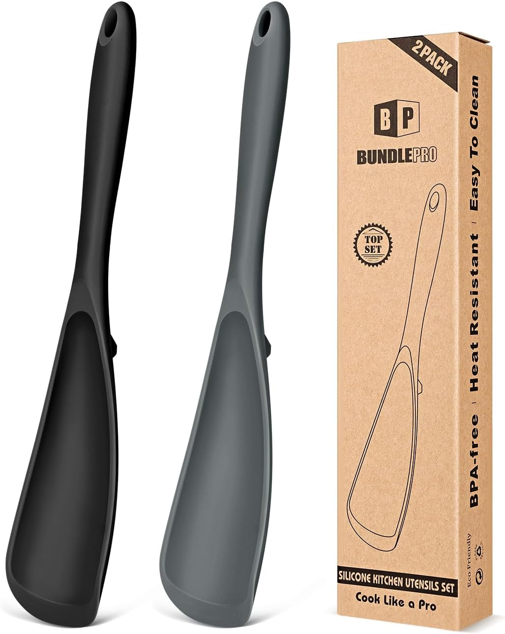 Pack of 2 Cooking Spoons for Non Stick Cookware, Multifunction Spatula Spoon Bpa-Free, One-Piece Design, Suitable for Scooping, Scraping, Serving and Mixing(Black-Gray)