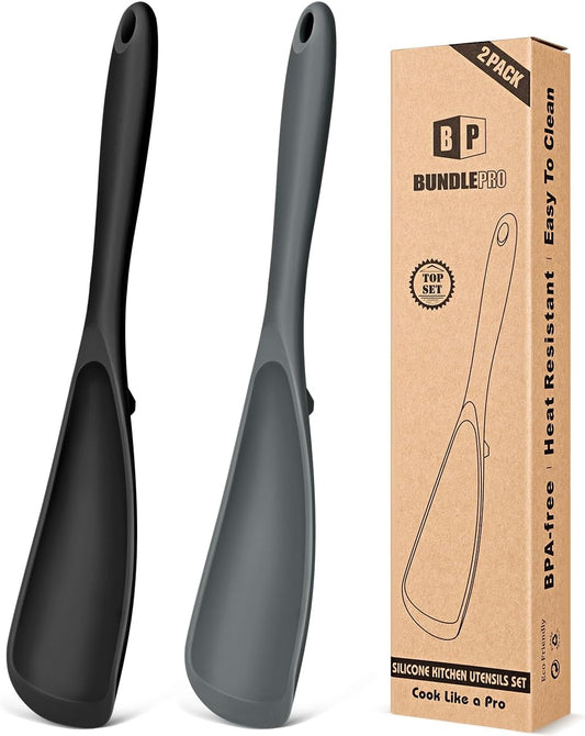 Pack of 2 Cooking Spoons for Non Stick Cookware, Multifunction Spatula Spoon Bpa-Free, One-Piece Design, Suitable for Scooping, Scraping, Serving and Mixing(Black-Gray)