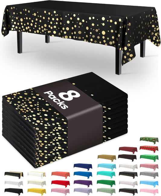 Plastic Table Cloth Disposable 8 Pack, 54 X 108 Inch Table Cloths, Graduation Decorations Class of 2025, Graduation Tablecloths, Rectangle, Plastic Cover, Leakproof & Sturdy, Black and Gold