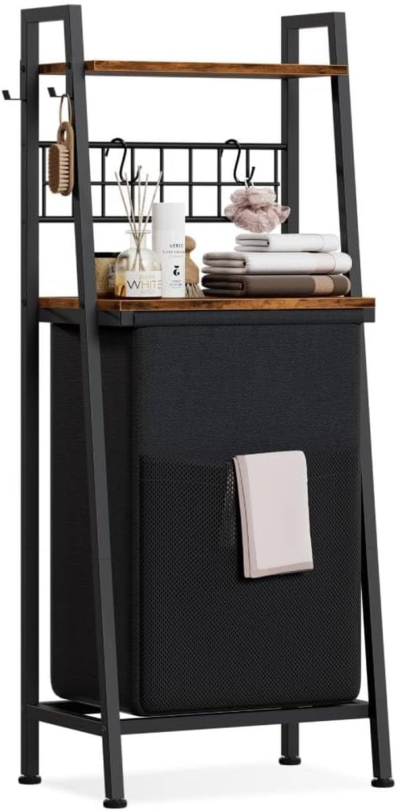 2-Tier Laundry Hamper with Wooden Shelf and Hooks, Vertical Design with Pull-Out Removable Bag, Divided Clothes Storage for Bathroom, Bedroom, and Dormitory