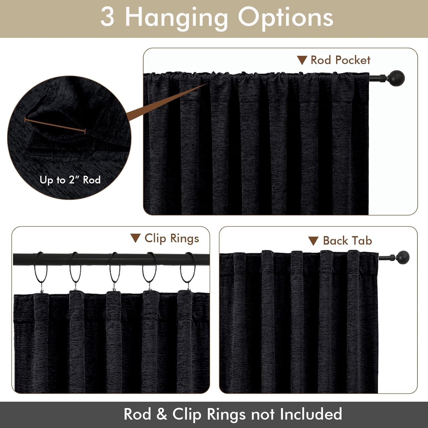 Chenille Black Curtains 72 Inch Length 2 Panels, Light Filtering Luxury Window Curtains, Back Tab Privacy Soft Velvet Window Curtain Drapes for Bedroom Living Room, 40" Wx72 L