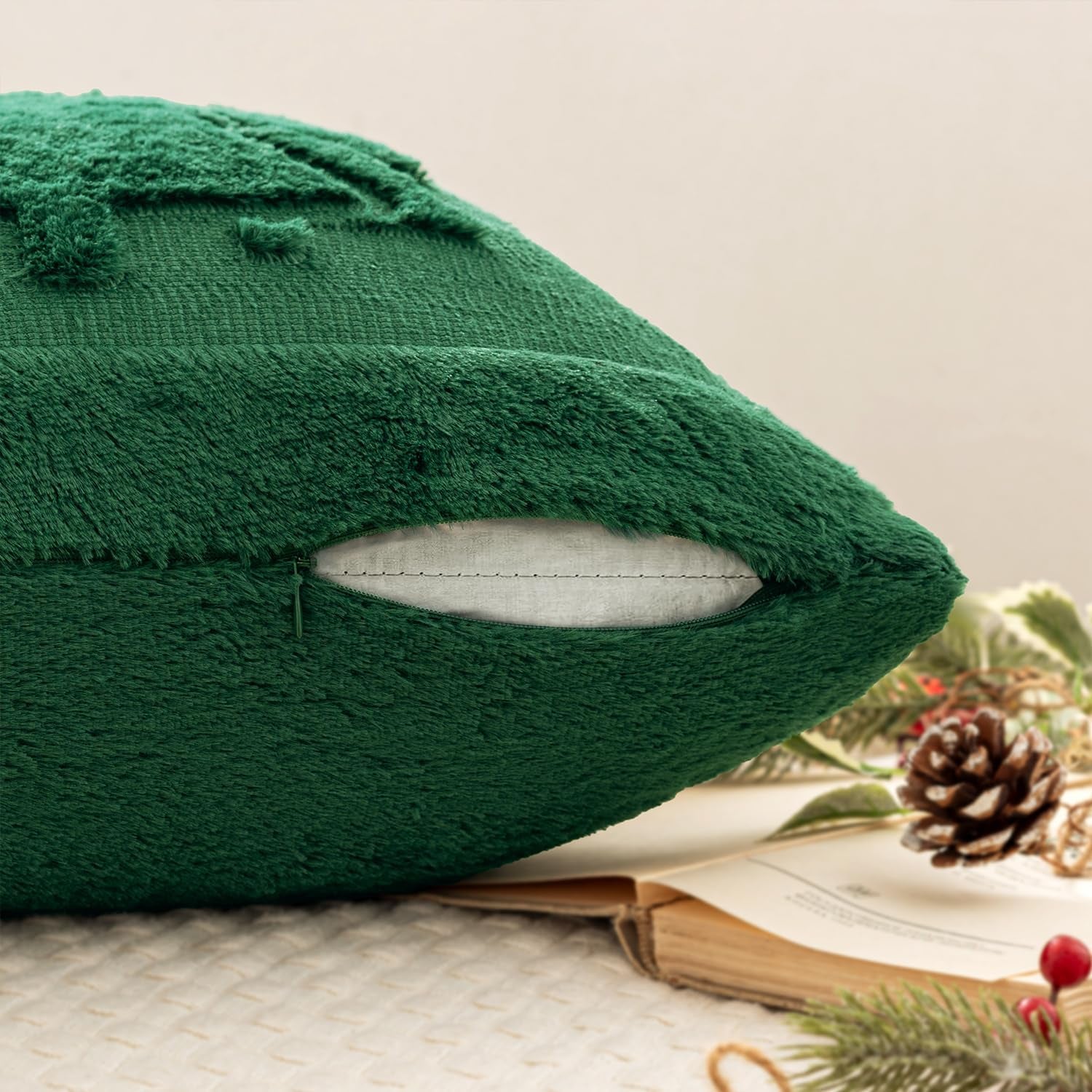 Christmas Trees Pillow Covers Set of 2 Decorative Soft Throw Pillows Plush Faux Fur Wool Embroidered Couch Cushion for Holiday Winter Home Decor Chair Sofa Bedroom Living Room,Green 18X18Inch
