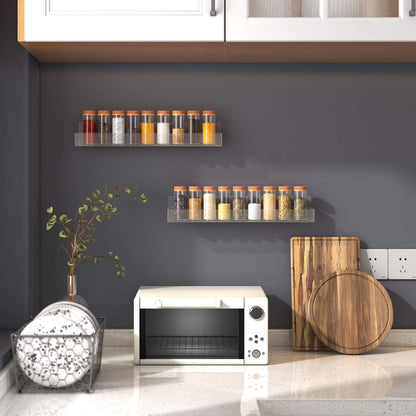 Adhesive Acrylic Spice Rack with Nano Double Sided Tape Wall Mount Organizer Clear Wall Spice Rack with Shelf Ends for Kitchen Cabinet Door - 2 Pack 12‘’ Shelves