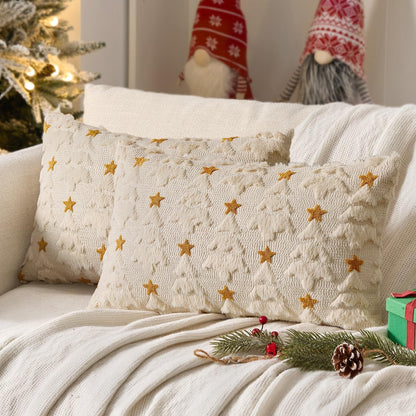 Christmas Pillow Covers 12X20 Inch Set of 2, Beige Christmas Tree Plush Faux Fur Pillowcases Soft Decorative Throw Pillow Cases for Couch Sofa Living Room Winter Xmas Holiday Home Decor