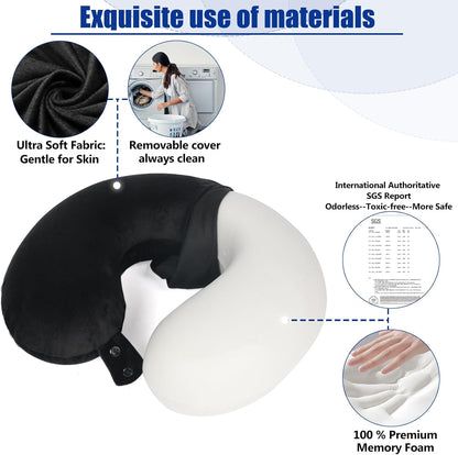 Travel Pillow 100% Pure Memory Foam Travel Neck Pillow with Storage Bag, Airplane Pillow for Traveling、Car、Home、Office，Washable Cover（Black）