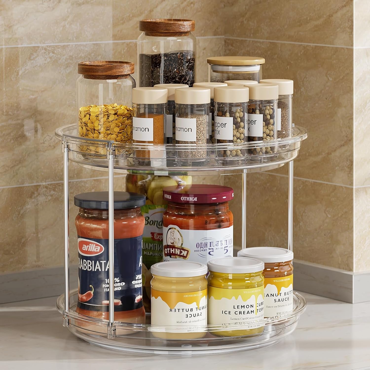 2 Tier Lazy Susan Turntable Organizer 9.25'' Rotating Spice Rack Organization for Cabinet, Kitchen, Pantry, Countertop, Bathroom, Vanity, Medicine Cabinet Organizer, Clear